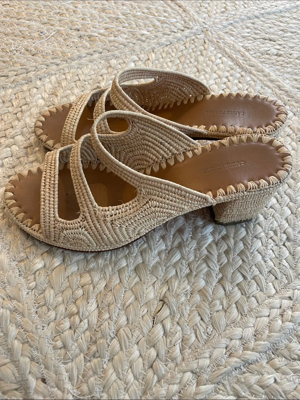 Woven Three-Strap Slide Block Heel Sandals in Natural Beige